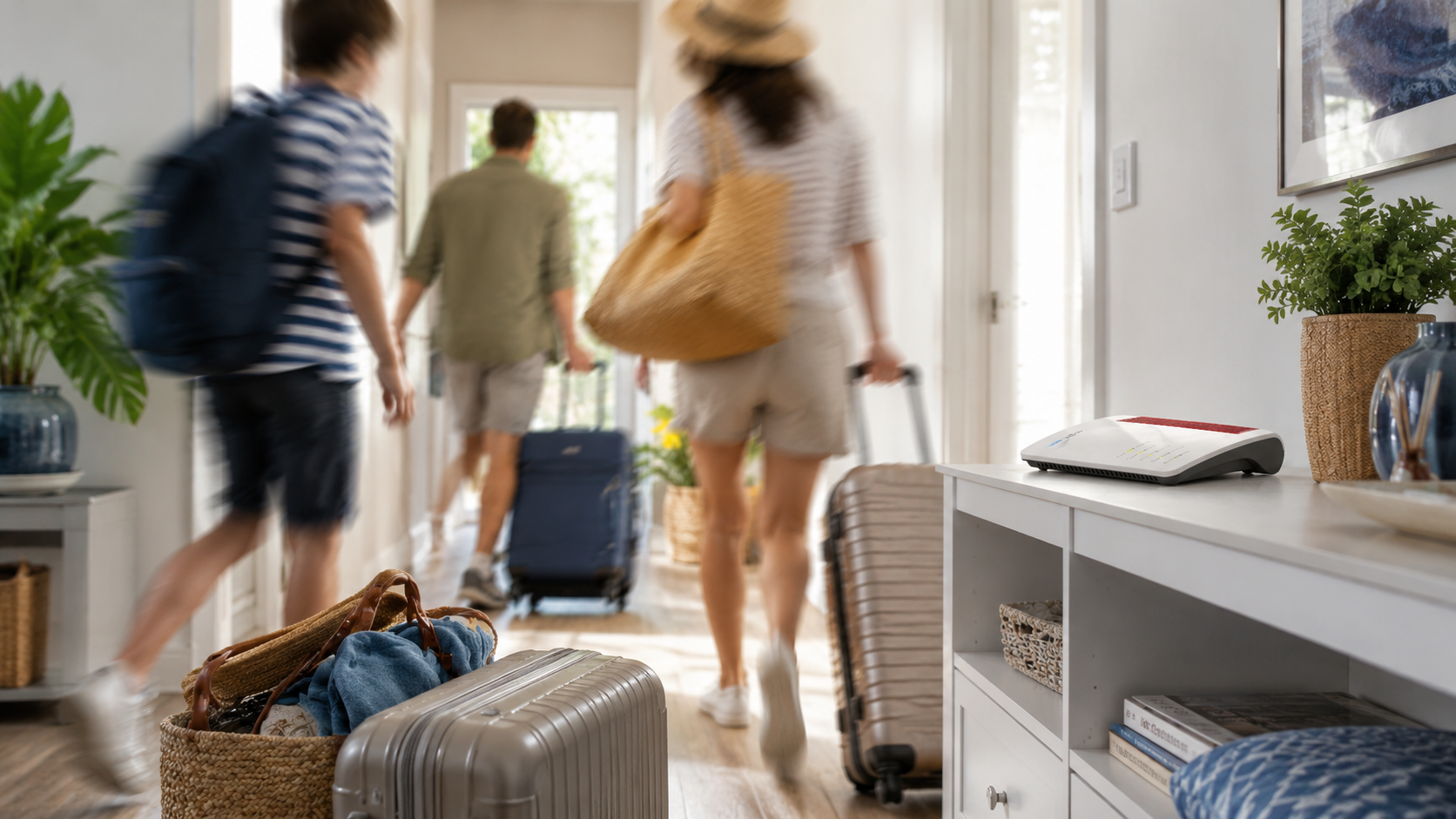 Router im Flur und gepackte Koffer