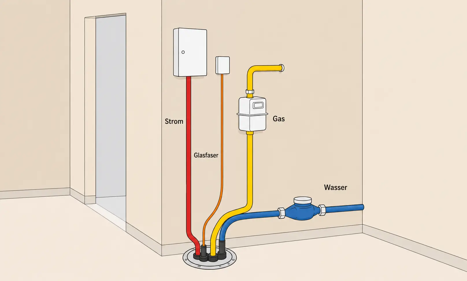schematische Darstellung Mehrspartenhauseinführung im Hauswirtschaftsraum