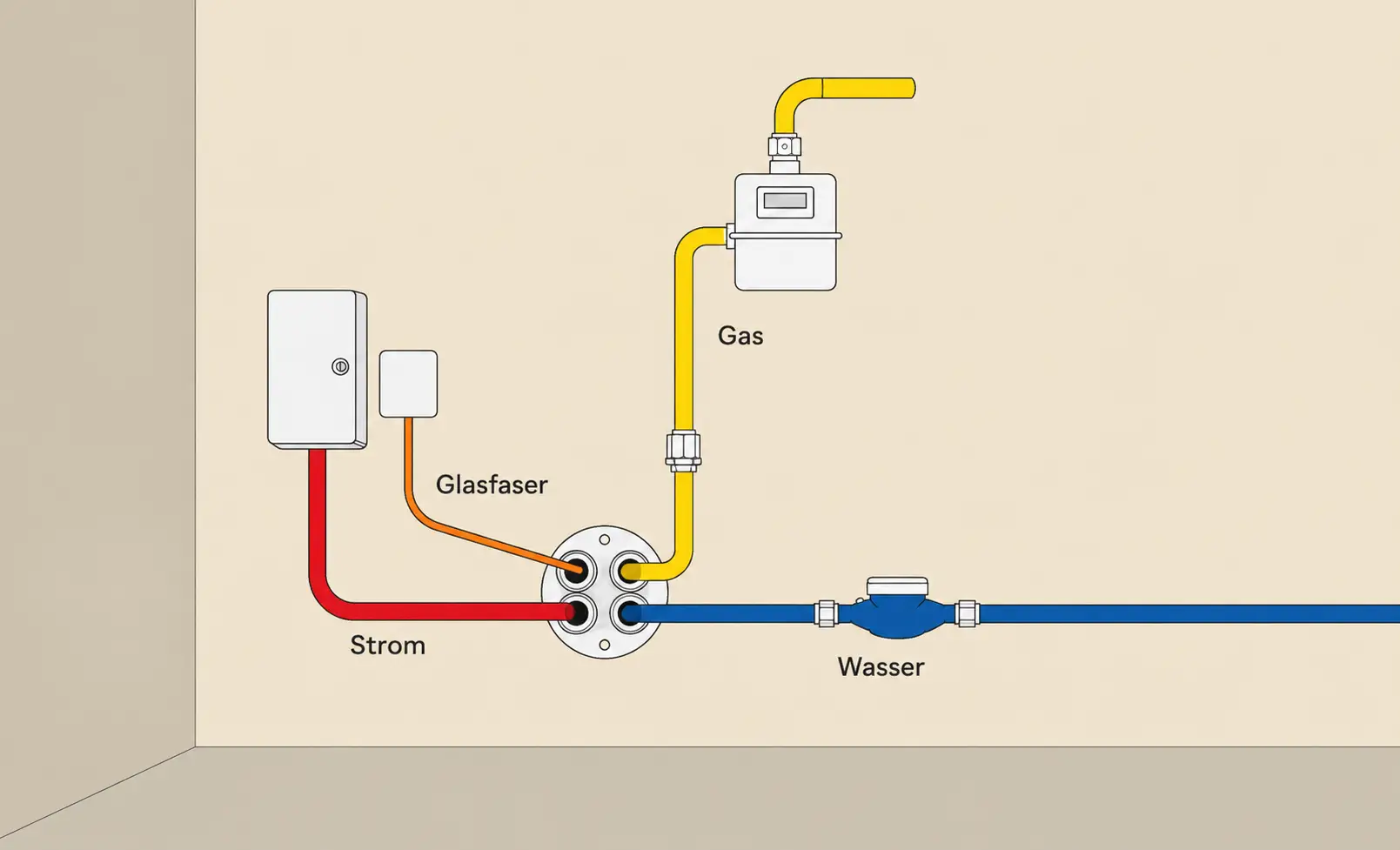 schematische Darstellung Mehrspartenhauseinführung im Keller