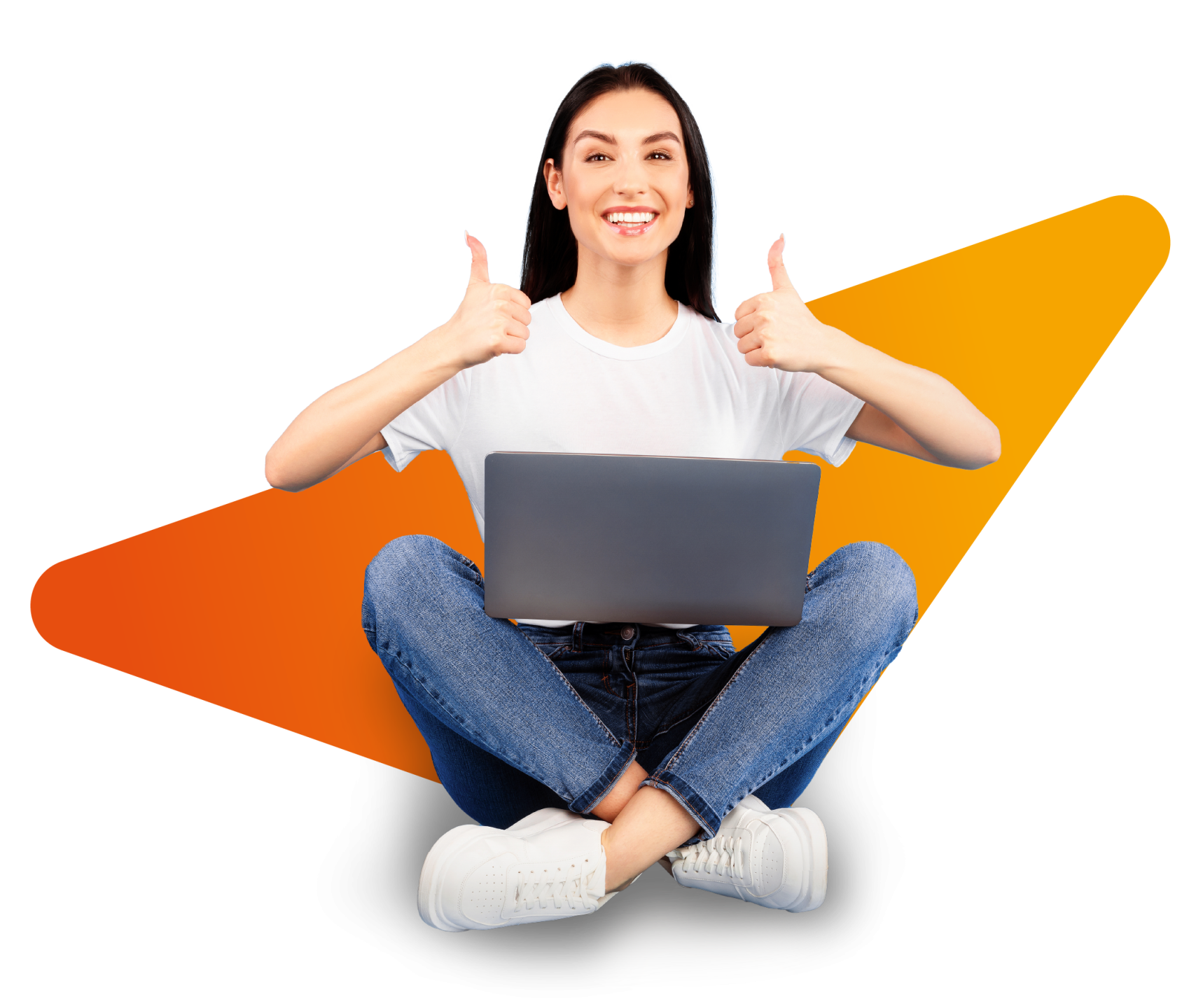 Frau im Schneidersitz mit Laptop zeigt beide Daumen nach oben